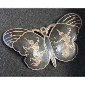 Vintage Siam 925 Sterling Silver Butterfly Brooch With Engraved Thai Dancer Desi